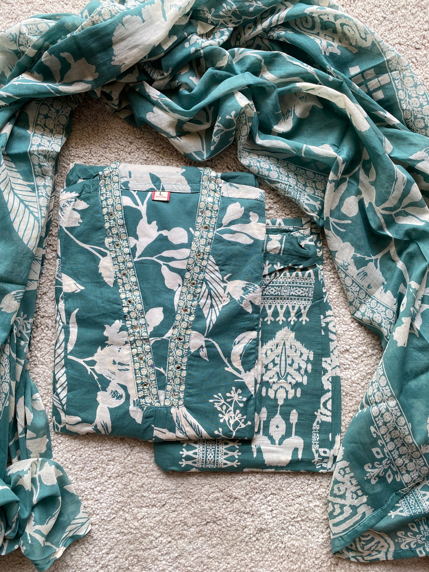 Sea Green Printed A-Line Kurta & Trousers with Dupatta