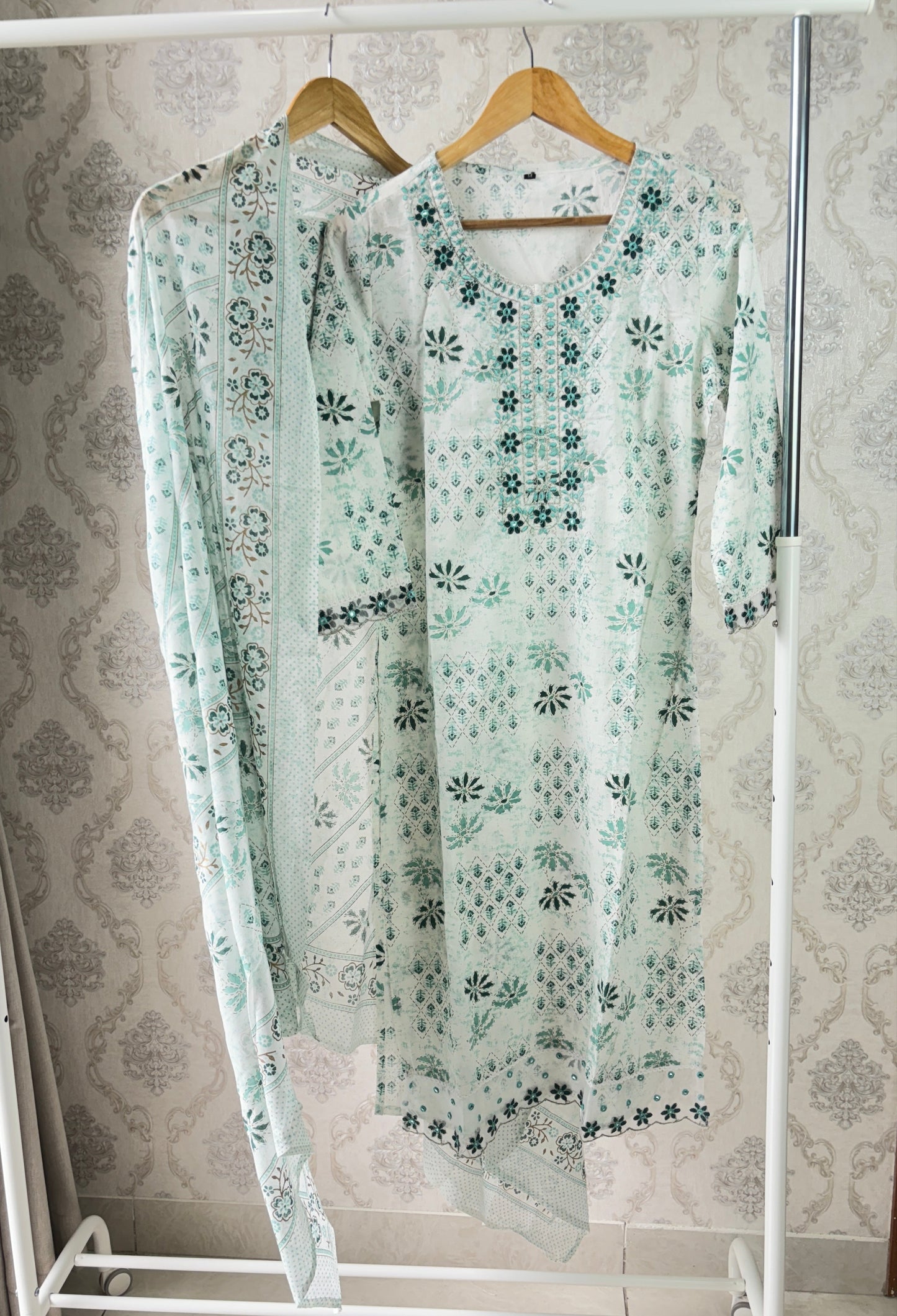 White and Green cotton Suit set
