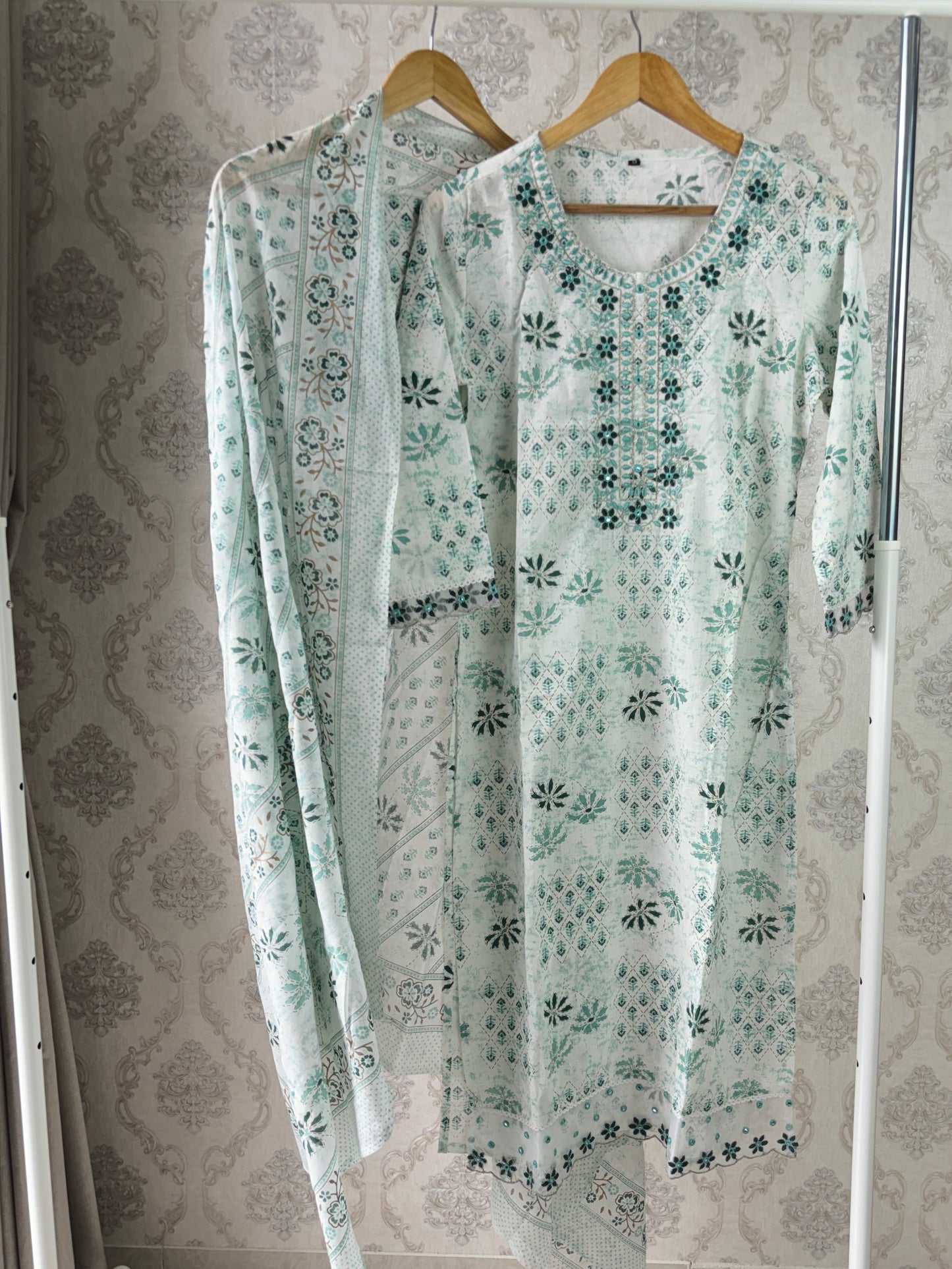 White and Green cotton Suit set