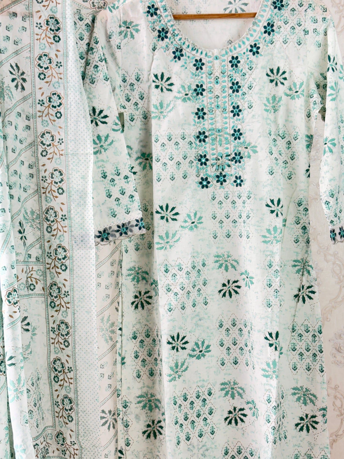 White and Green cotton Suit set