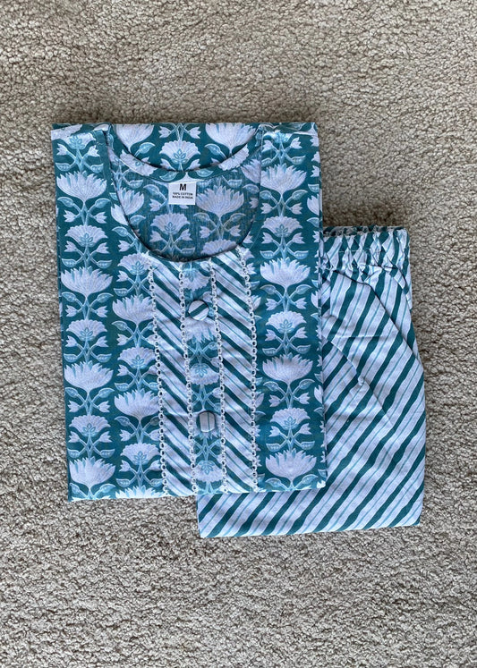 Blue Printed Straight Kurta and Trousers Co-Ord Set