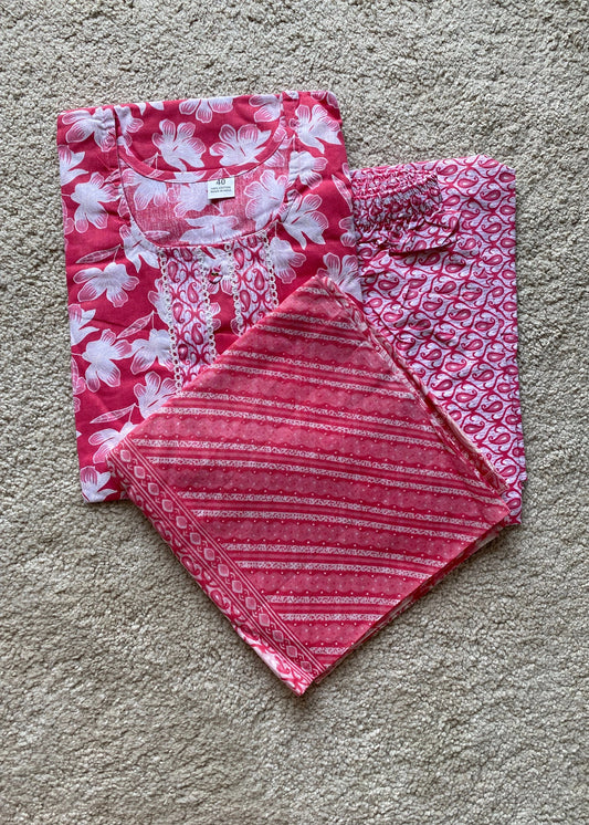 Pink Printed Straight Kurta and Trousers With Dupatta