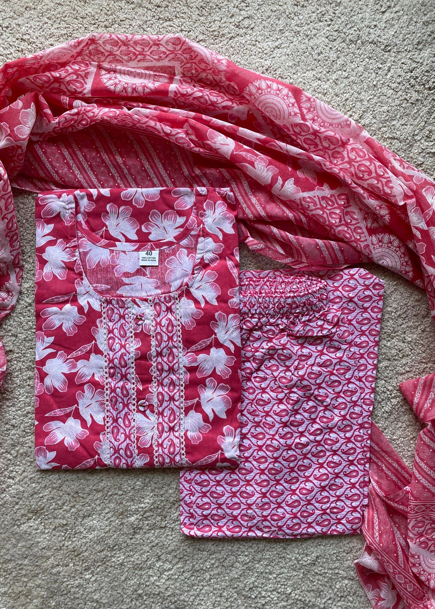 Pink Printed Straight Kurta and Trousers With Dupatta