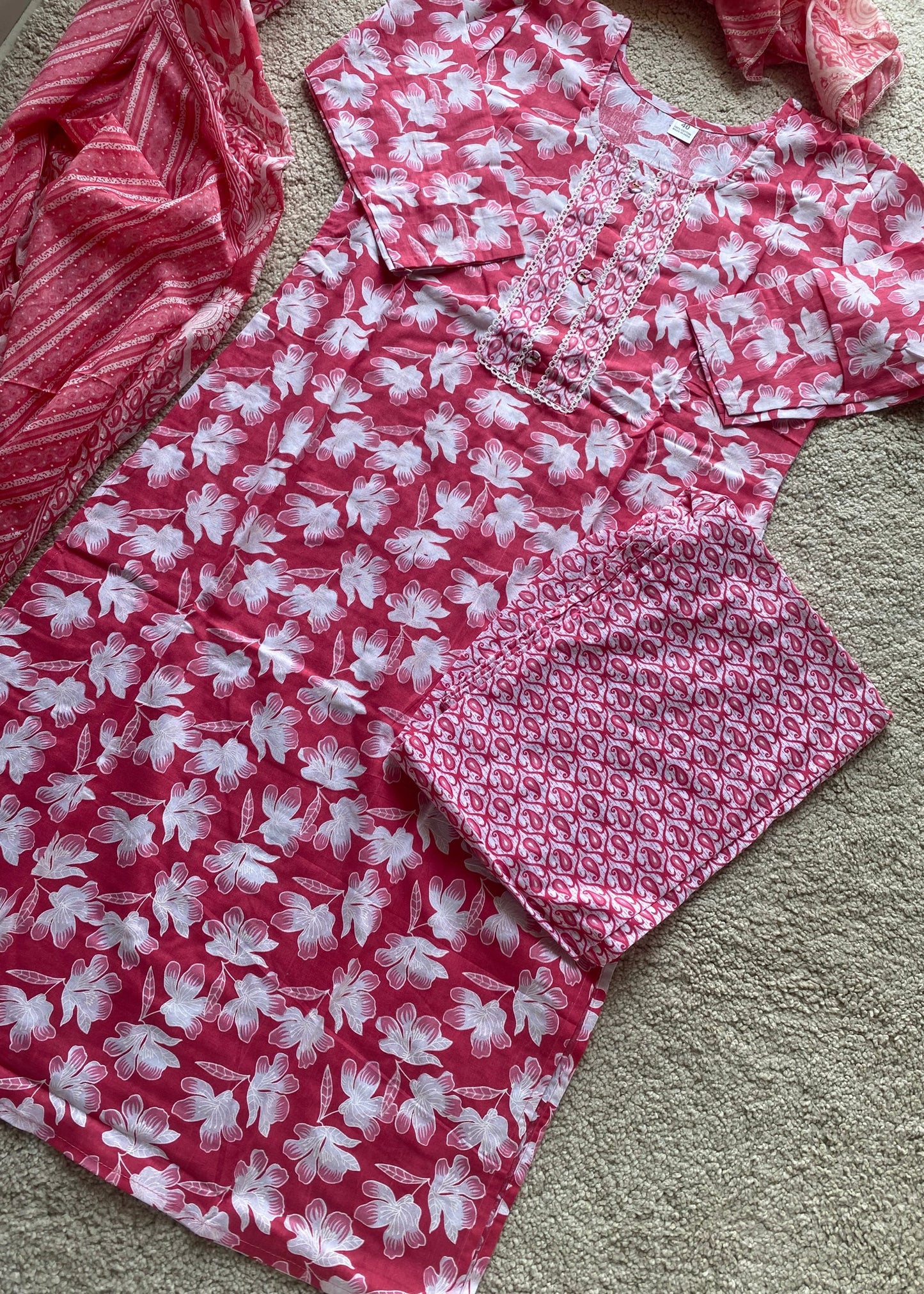 Pink Printed Straight Kurta and Trousers With Dupatta