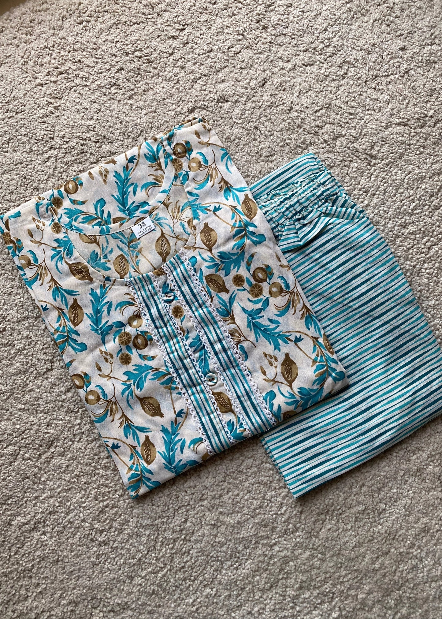 Beige Printed Straight Kurta and Trousers Co-Ord Set