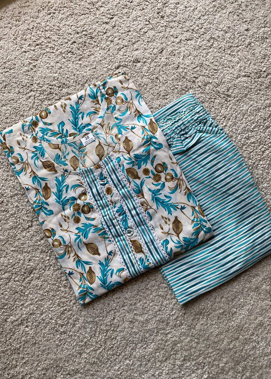Beige Printed Straight Kurta and Trousers Co-Ord Set