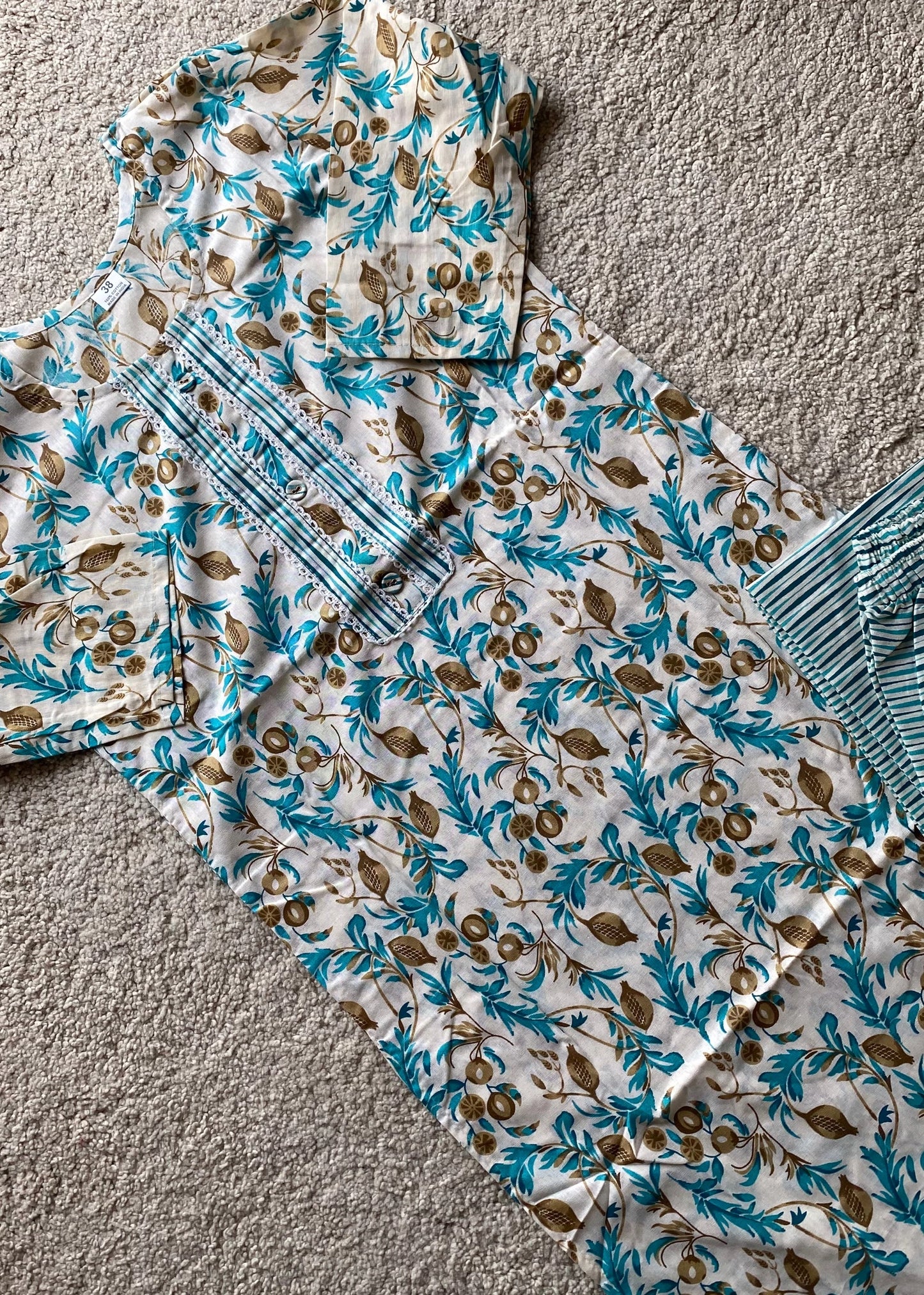 Beige Printed Straight Kurta and Trousers Co-Ord Set