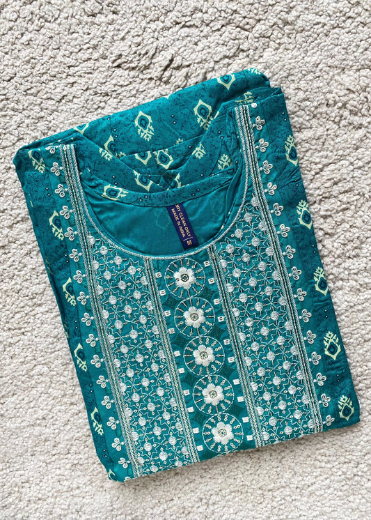 Turquoise Blue Printed A-Line Kurta
