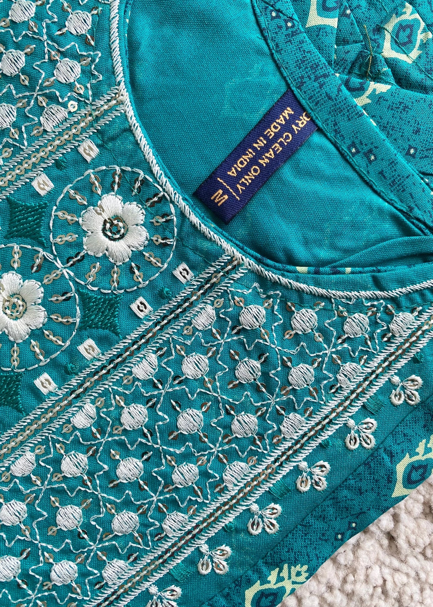 Turquoise Blue Printed A-Line Kurta