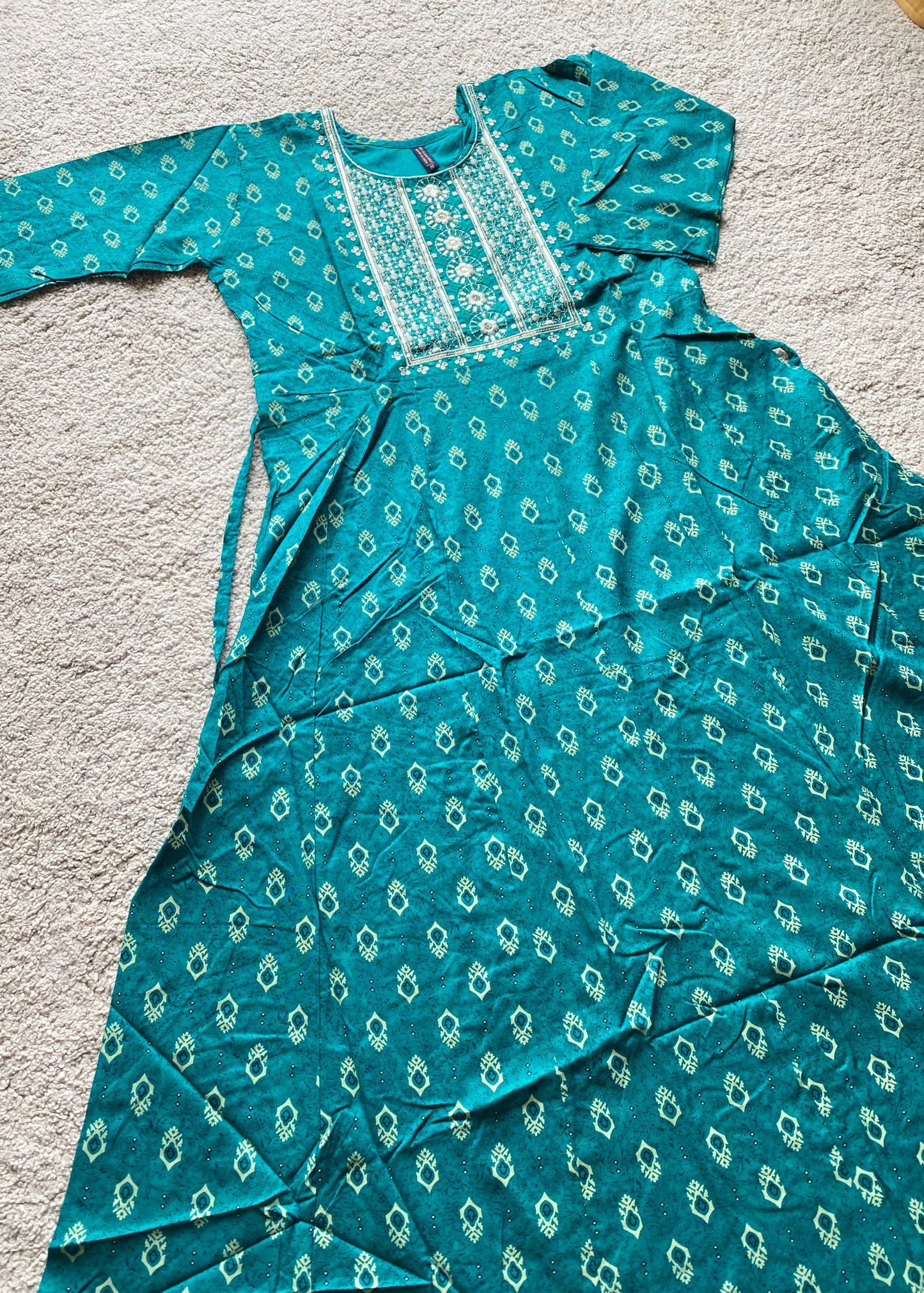Turquoise Blue Printed A-Line Kurta
