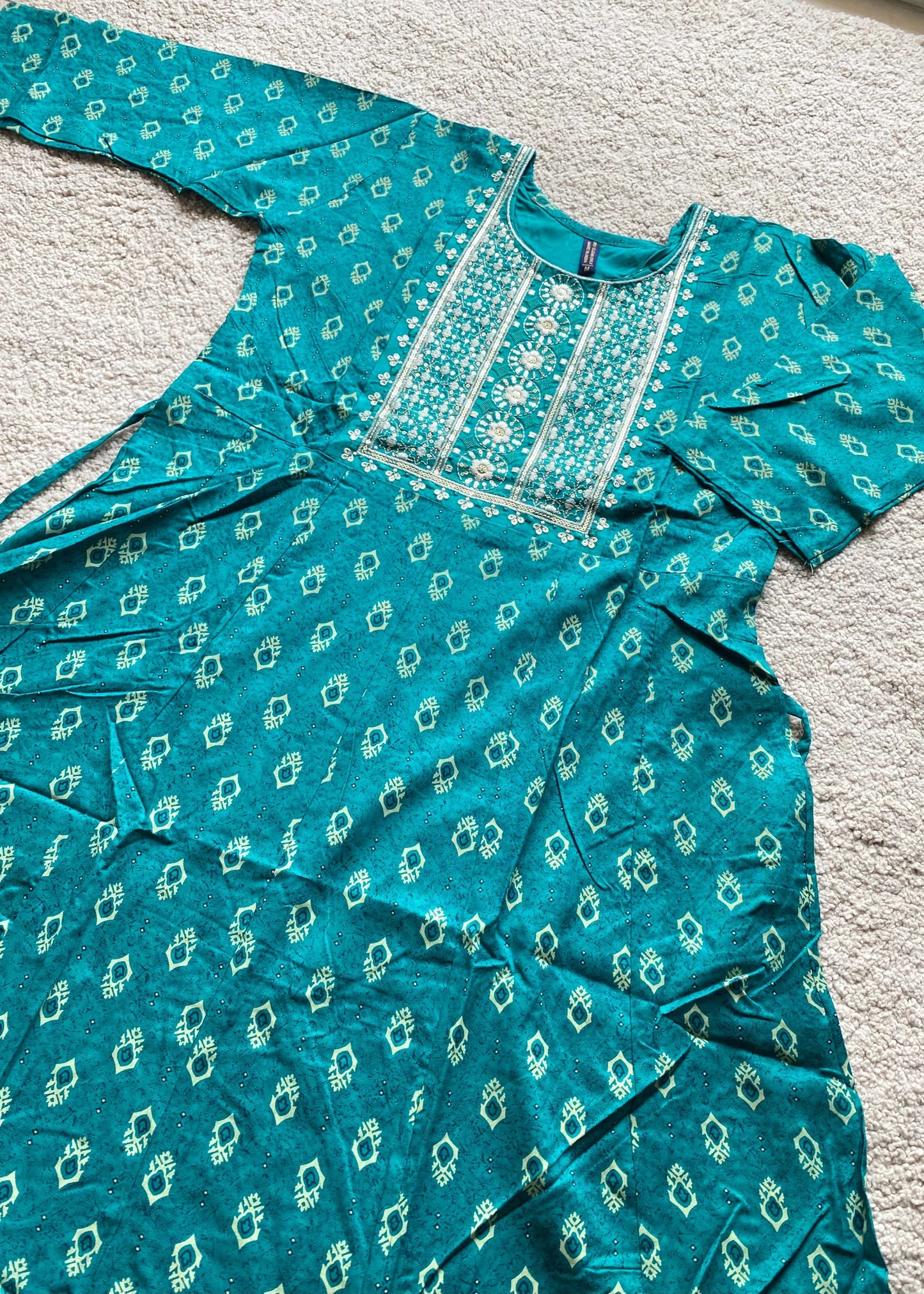 Turquoise Blue Printed A-Line Kurta
