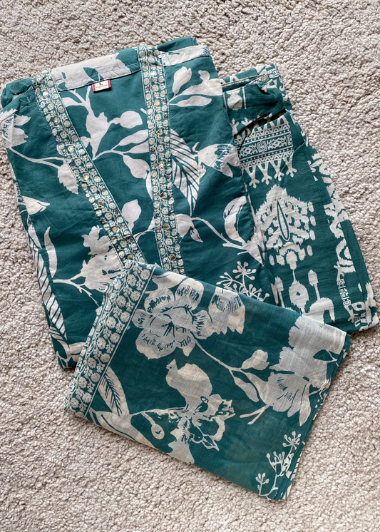 Sea Green Printed A-Line Kurta & Trousers with Dupatta